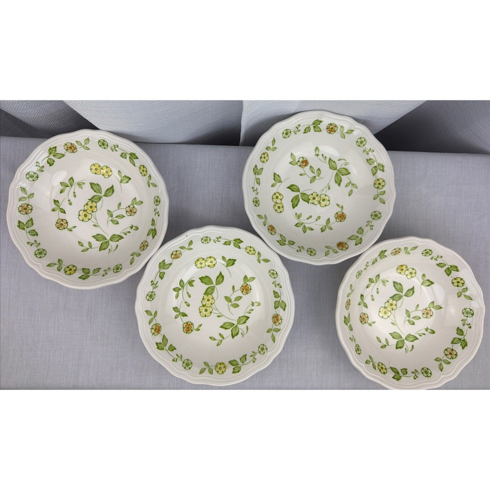 Petite Flora Ironstone Soup Bowls 6.5" Set Of 4 VTG 1970s Sears Floral Green Yel